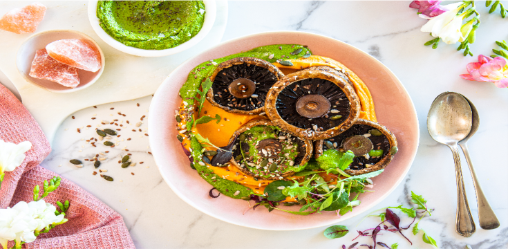 Miso Glazed Mushrooms, Sweet Potato Puree & Kale Pesto