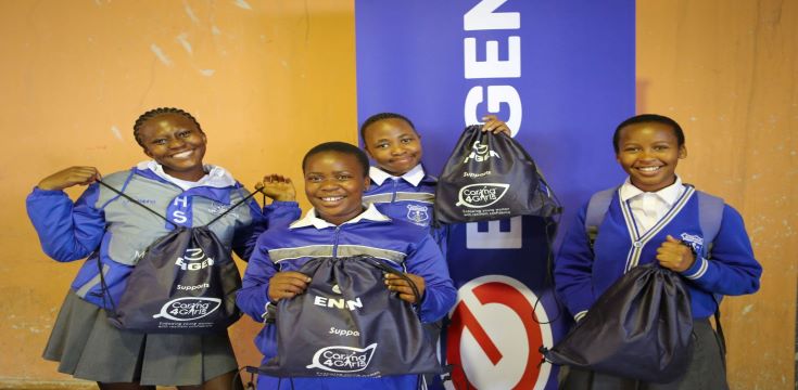 Anesipho Khiva, Ahlume Tokota, Mihlali Mgquba and Esethu Tsele pose with their gift bags at Sizimisele High