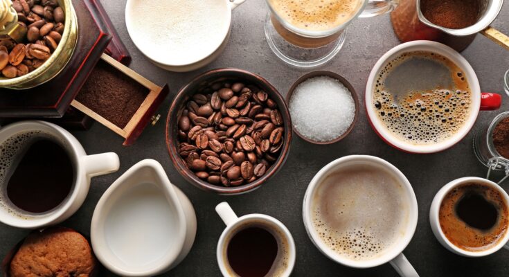 Different,Types,Of,Coffee,In,Cups,On,Dark,Table,,Top