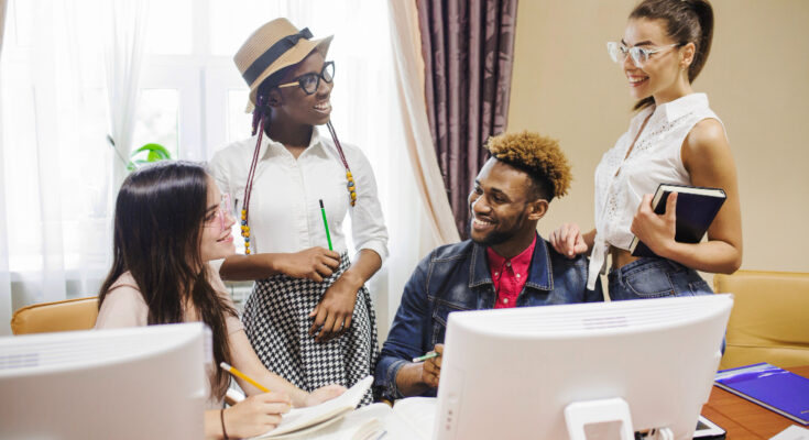 content-students-communicating-working